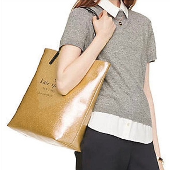 Kate Spade Tote Bag Bon Shopper Holiday Drive Sparkle Gold Live Colorfully NWT - Picture 10 of 10